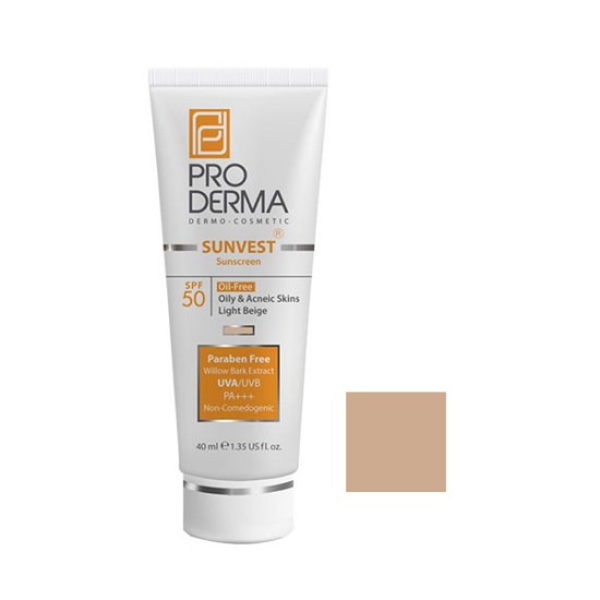ضد آفتاب فاقد چربی SPF50 پرودرما مناسب پوست چرب و جوشدار بژ روشن حجم 40 میلی لیتر
